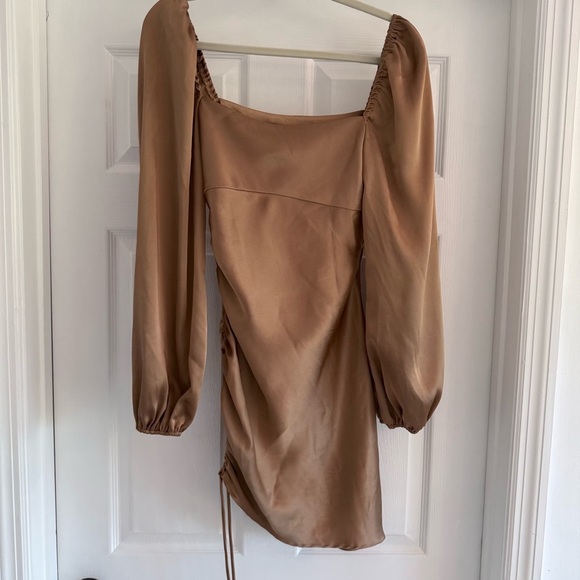 EMORY PARK Bronze Brown Satin Slinky Cinch Side Mini Dress Long Sleeve S - Picture 6 of 10